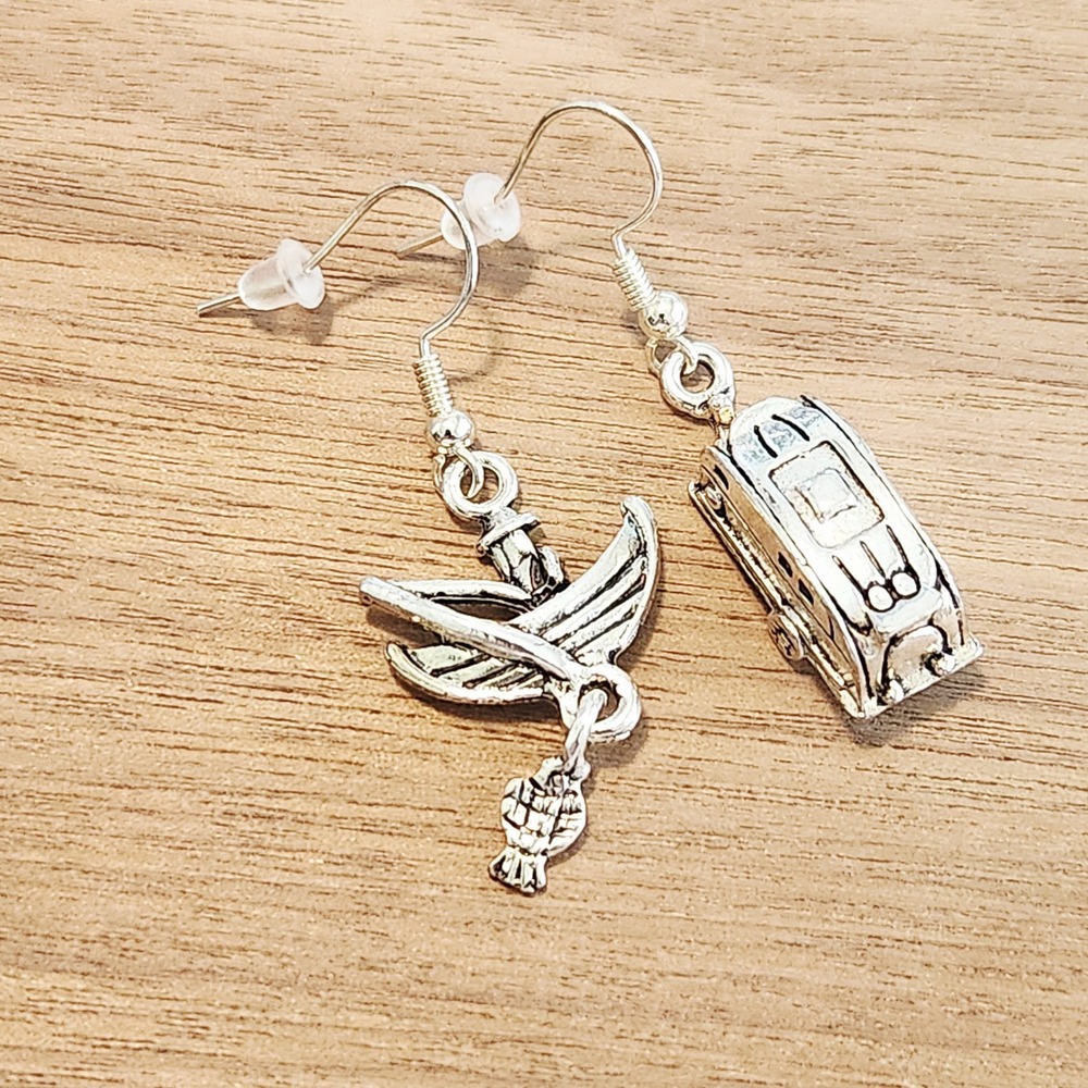 Silver Mismatched Canoe and Camper Trailer Dangle Earrings Outdoor Theme